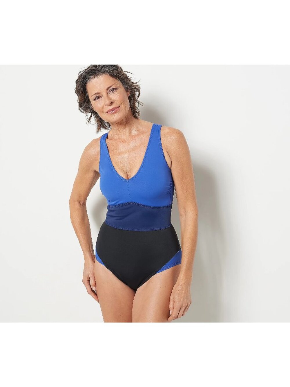 Zuda Swimsuit Size 32W Colorblocked V Neck One Piece Ultramarine Blue Black NEW